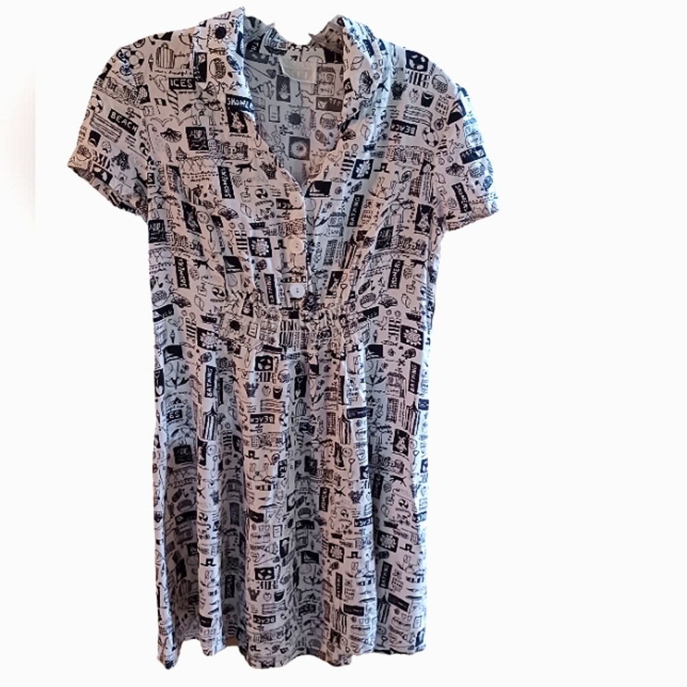 Moda Intel elastic waist shirt dress outdoor print theme retro vintage S…